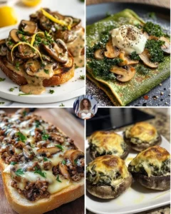 Cheesy spinach and mushroom egg toast topped with herbs