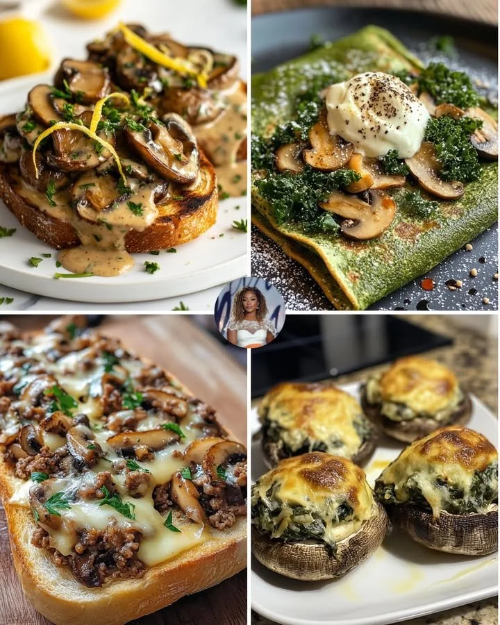 Cheesy spinach and mushroom egg toast topped with herbs