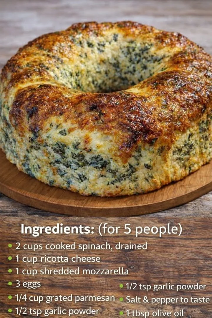 Cheesy spinach ricotta ring garnished with herbs on a wooden table