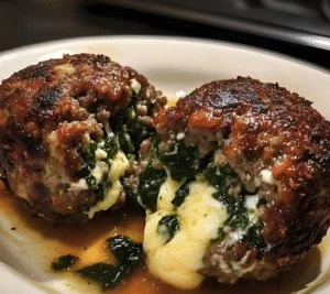 Delicious cheesy spinach-stuffed meatballs served with sauce.