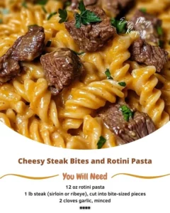 Cheesy steak bites served with rotini pasta in a gourmet dish