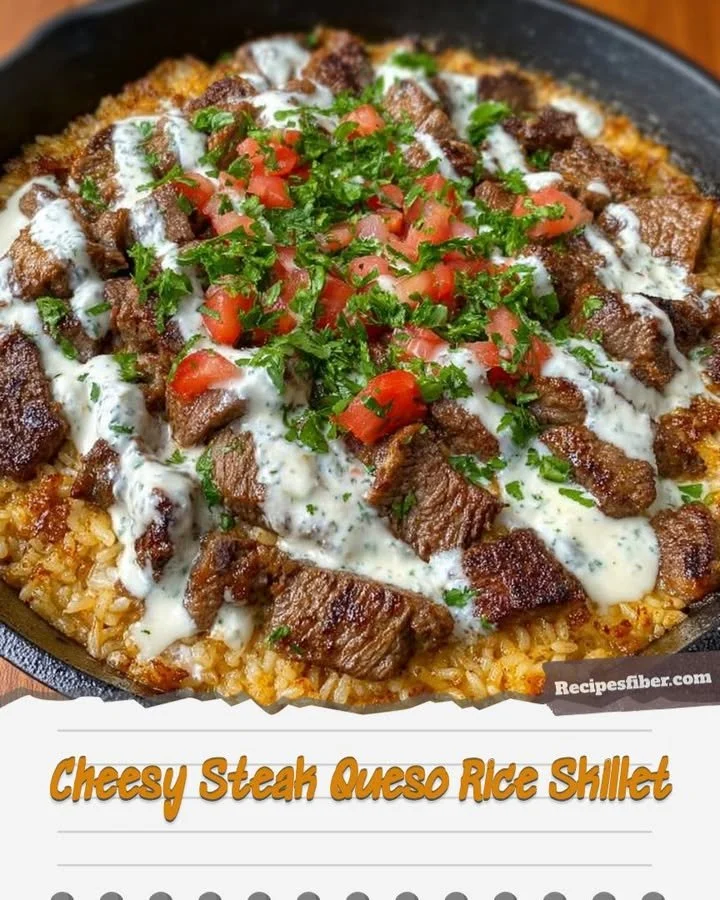 Cheesy Steak Queso Rice Skillet with melted cheese and grilled steak