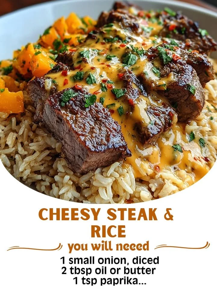 Delicious cheesy steak served with rice in a colorful dish.