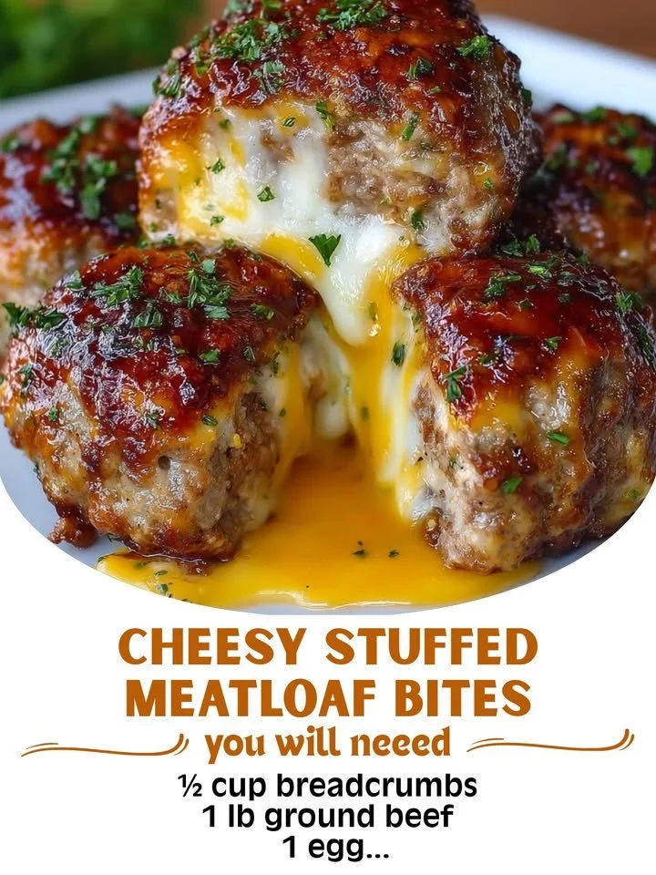 Cheesy stuffed meatloaf bites served on a platter with dipping sauce