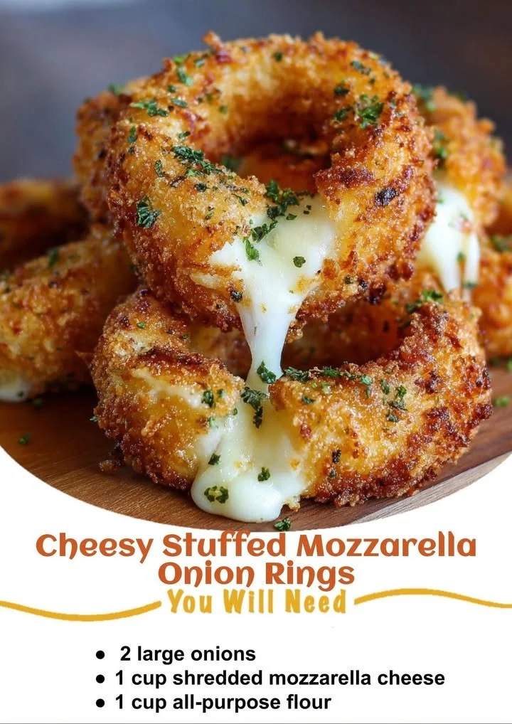 Cheesy stuffed mozzarella onion rings, a delicious snack for cheese lovers