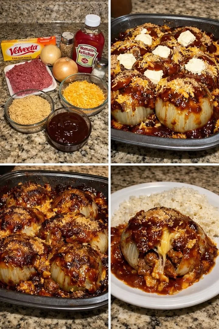 Cheesy Stuffed Onion Burger Bake with Sweet Sauce served on a plate