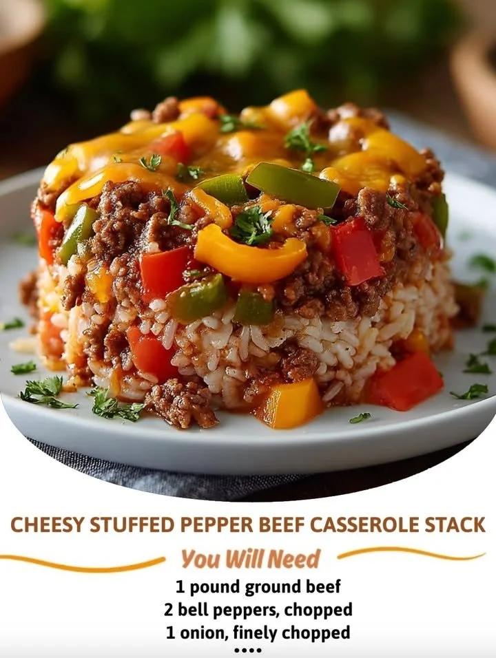 Cheesy stuffed pepper beef casserole with melted cheese and colorful peppers