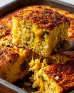 Cheesy stuffed peppers cornbread fresh out of the oven, garnished with herbs.