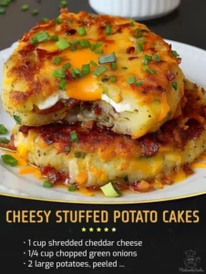 Cheesy stuffed potato cakes served on a plate, garnished with herbs.