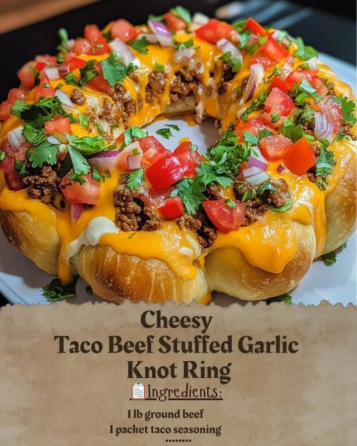 Cheesy Taco Beef Stuffed Garlic Knot Ring served on a plate