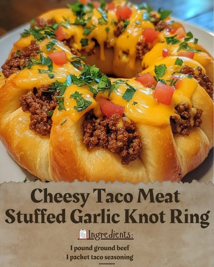 Cheesy Taco Meat Stuffed Garlic Knot Ring