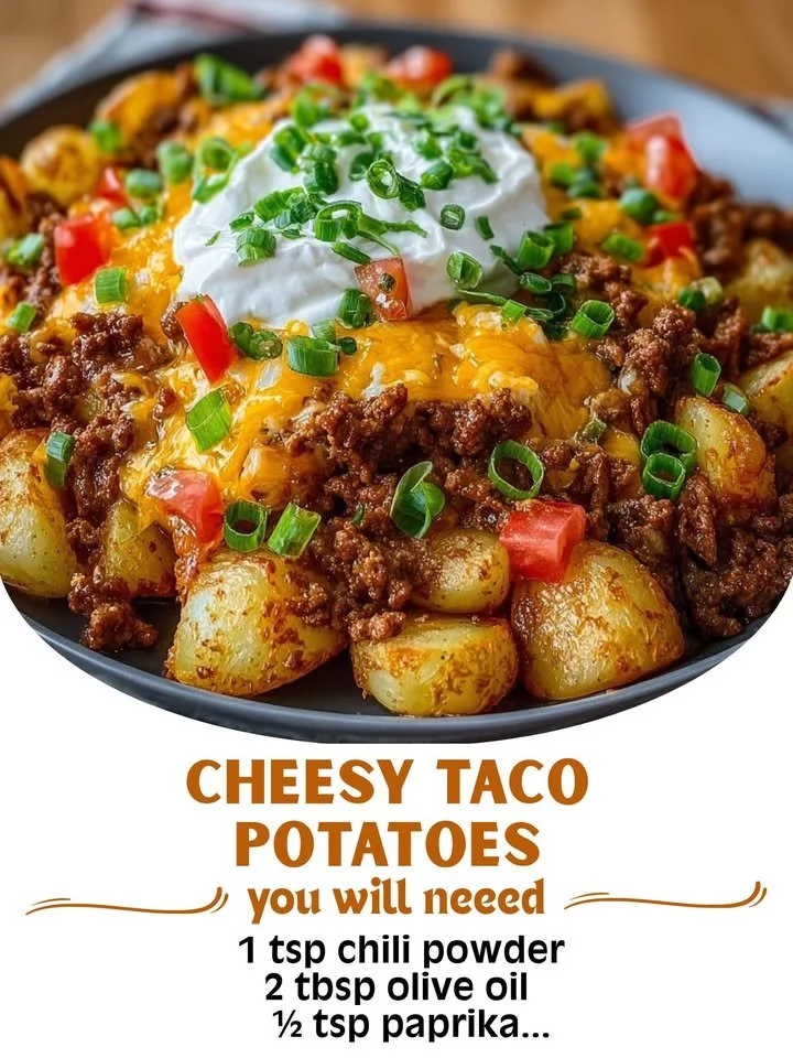 Baked cheesy taco potatoes topped with cheese and jalapeños