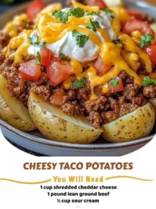 Cheesy taco potatoes garnished with sour cream and herbs