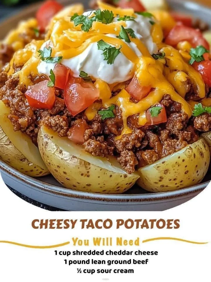Cheesy Taco Potatoes served in a bowl, topped with cheese and fresh toppings