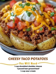 Cheesy taco potatoes topped with melted cheese and fresh toppings