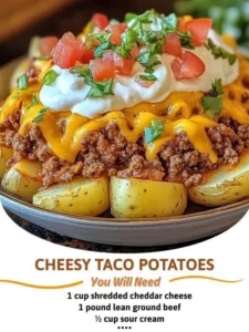 Cheesy taco potatoes topped with melted cheese and fresh toppings