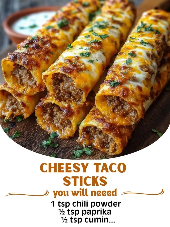 Cheesy taco sticks served with dipping sauce on a plate