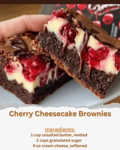 Cherry Cheesecake Brownies with cherries on top and a delicious cheesecake swirl.