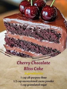 Slice of Cherry Chocolate Bliss Cake topped with cherries and chocolate ganache