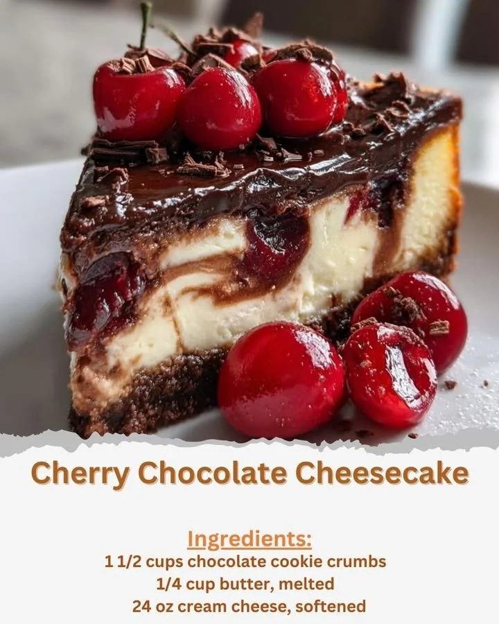 Delicious Cherry Chocolate Cheesecake with cherries on top