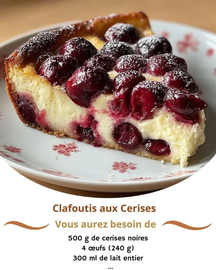 Delicious Cherry Clafoutis served with fresh cherries and powdered sugar