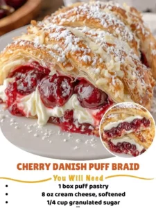 Cherry Danish Puff Braid with flaky pastry and cherry filling