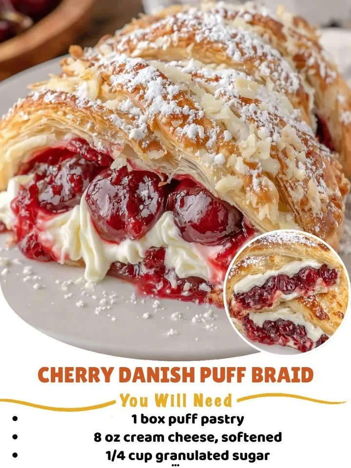 Cherry Danish Puff Braid with flaky pastry and cherry filling