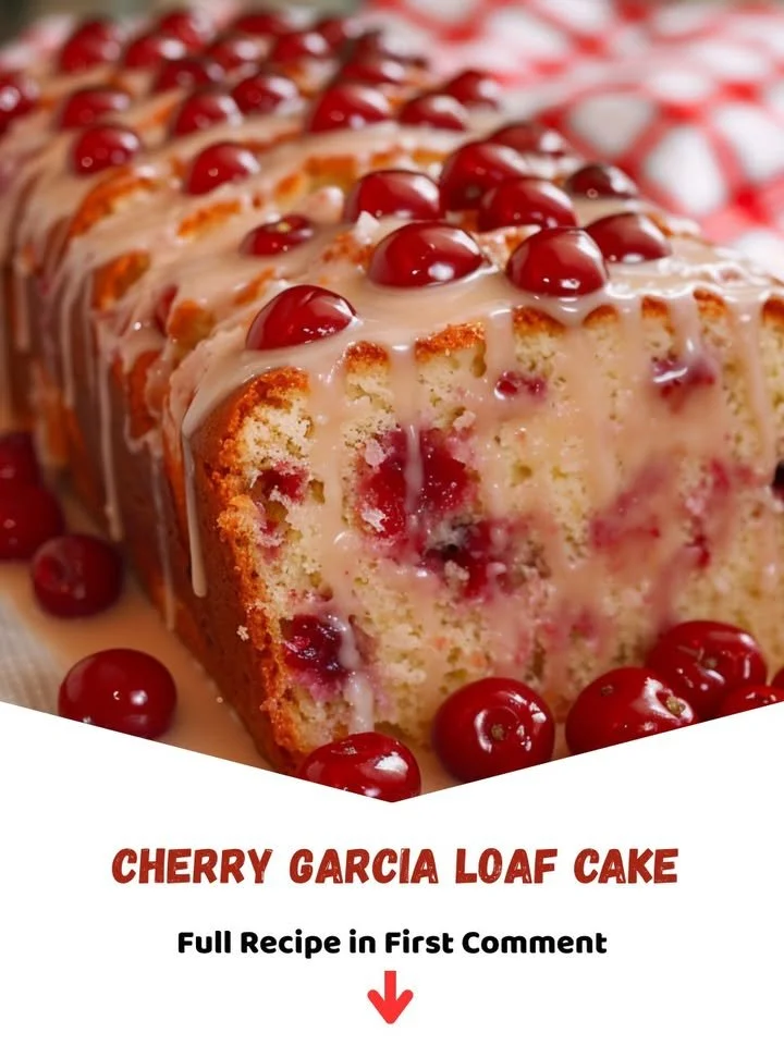 Cherry Garcia loaf cake topped with cherries and chocolate chunks