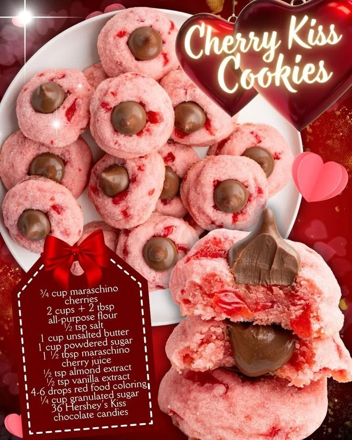 Delicious Cherry Kiss Cookies with cherries and chocolate toppings