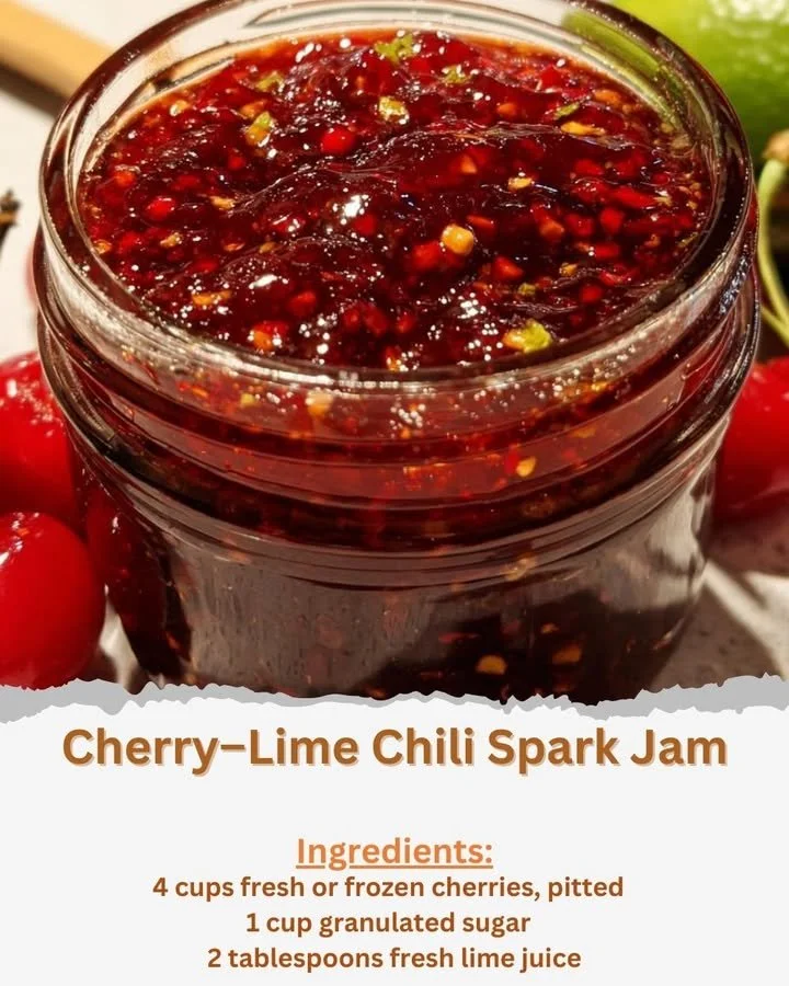 Cherry-Lime Chili Jam spread on a rustic wooden table with fresh cherries and limes