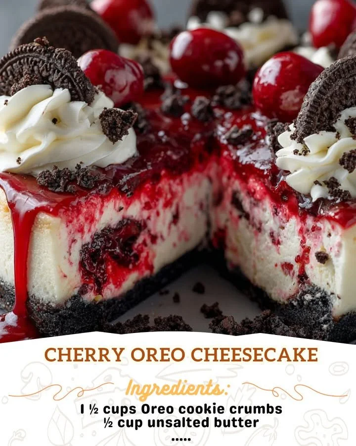 Slice of Cherry Oreo Cheesecake with a cherry topping and Oreo crust