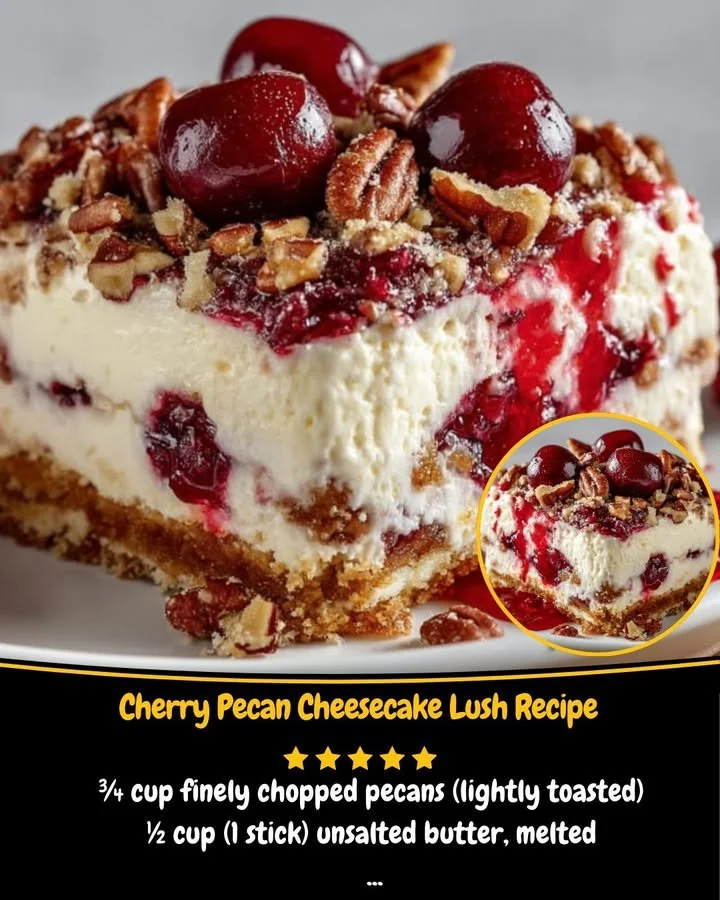 Cherry Pecan Cheesecake Lush dessert layered with cherries and pecans