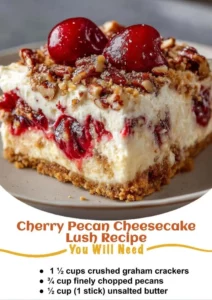 A delicious slice of Cherry Pecan Cheesecake Lush showcasing cherries and pecans.