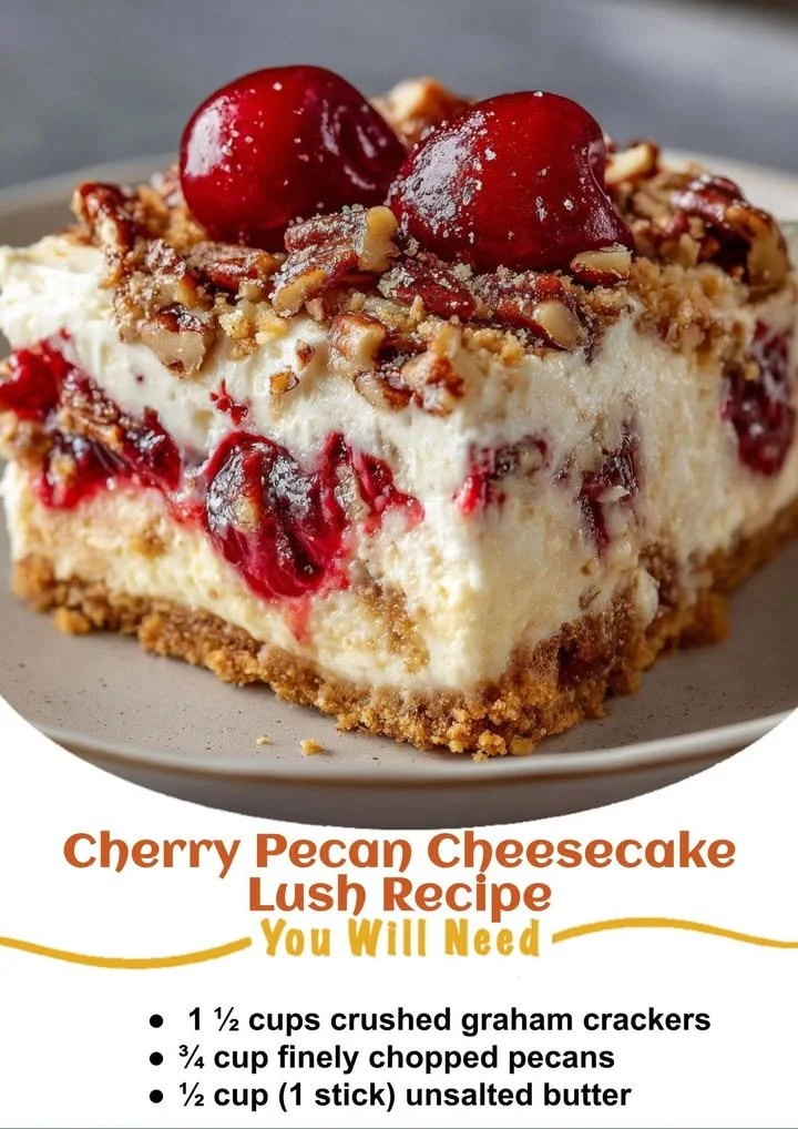 A delicious slice of Cherry Pecan Cheesecake Lush showcasing cherries and pecans.