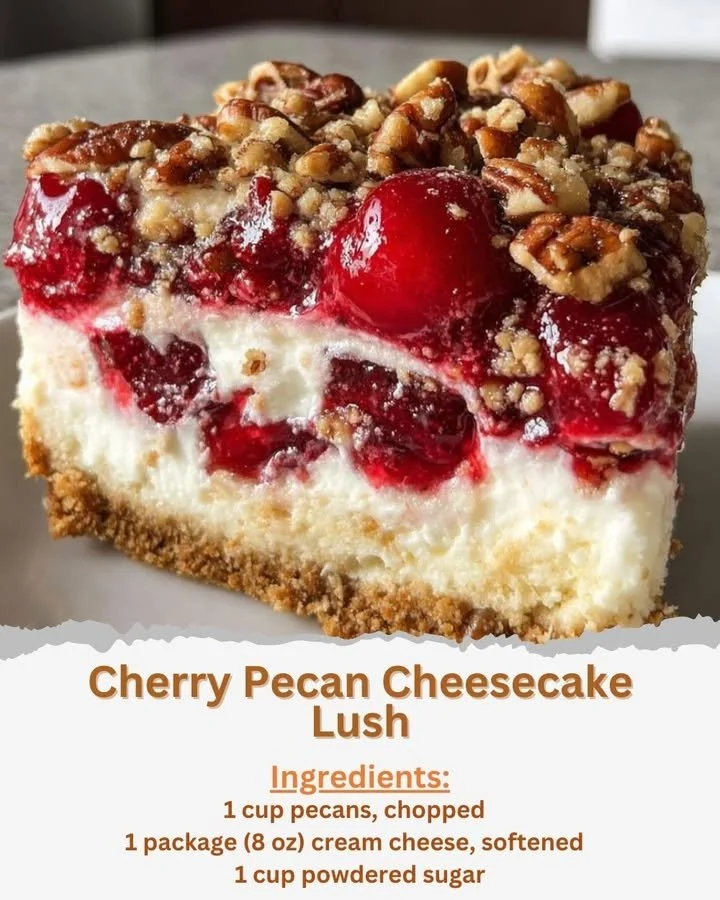 Delicious Cherry Pecan Cheesecake Lush topped with cherries and pecans