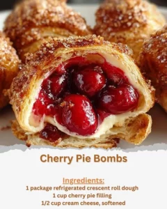 Delicious Cherry Pie Bombs fresh out of the oven, golden and filled with cherries.