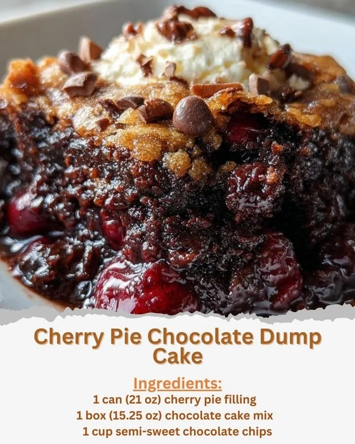 Delicious cherry pie chocolate dump cake with cherries and chocolate topping