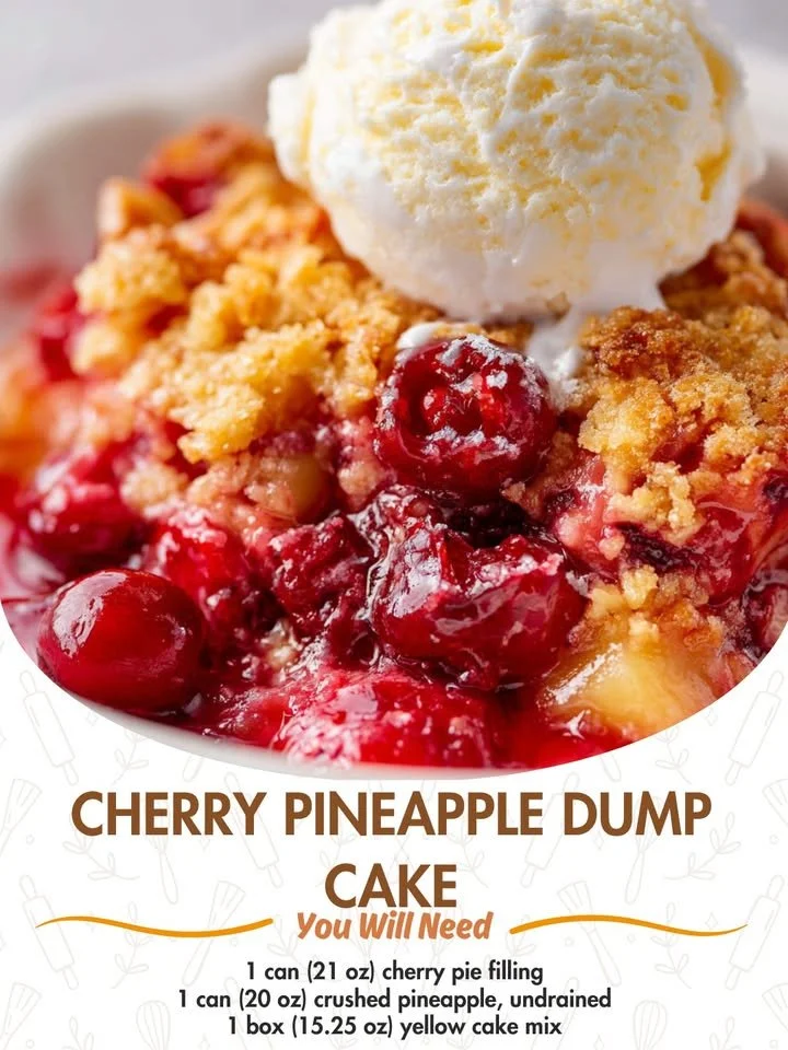 Delicious cherry pineapple dump cake served in a dessert dish