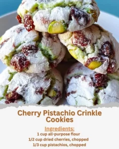 Cherry Pistachio Crinkle Cookies with cherry and pistachio toppings