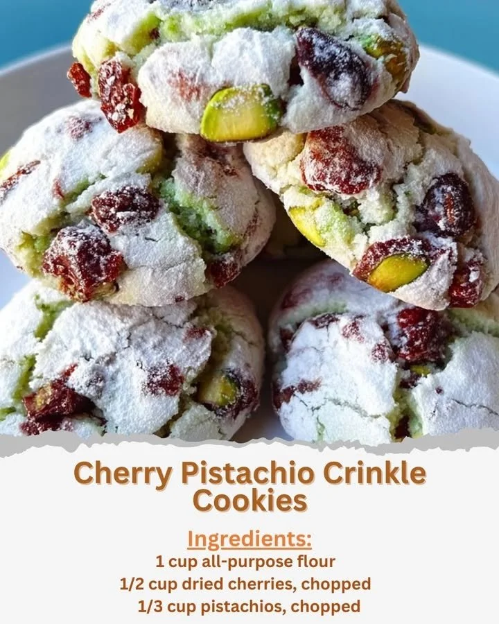Cherry Pistachio Crinkle Cookies with cherry and pistachio toppings