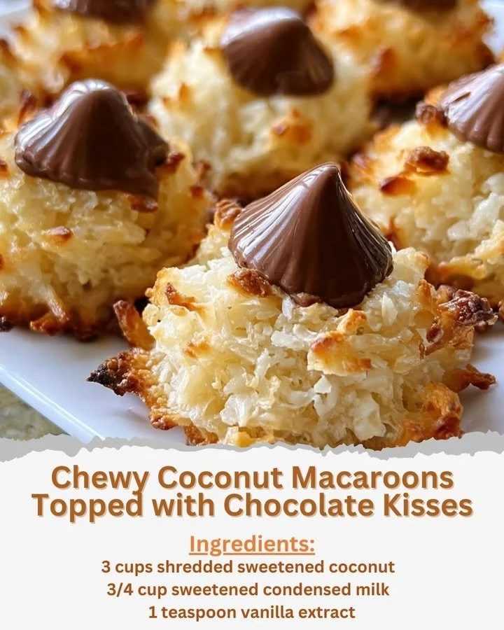 Chewy coconut macaroons with chocolate kisses on top
