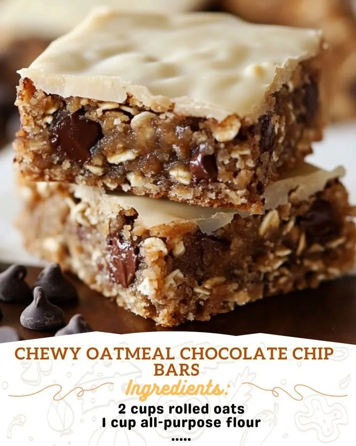 Chewy oatmeal chocolate chip bars freshly baked and ready to enjoy