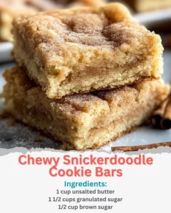 Chewy snickerdoodle cookie bars topped with cinnamon and sugar