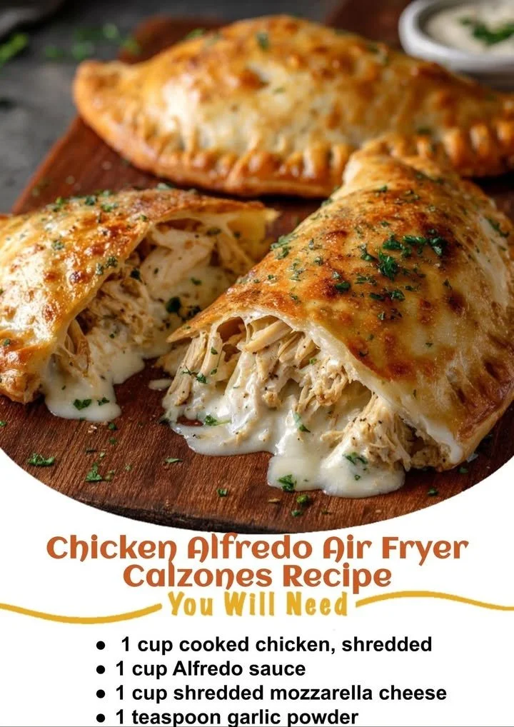Air Fryer Chicken Alfredo Calzones recipe featuring creamy chicken filling