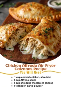 Air fryer Chicken Alfredo Calzones filled with creamy chicken and cheese