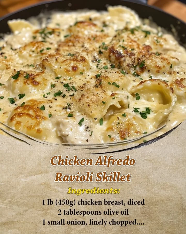 Easy Chicken Alfredo Ravioli Skillet dish with creamy sauce