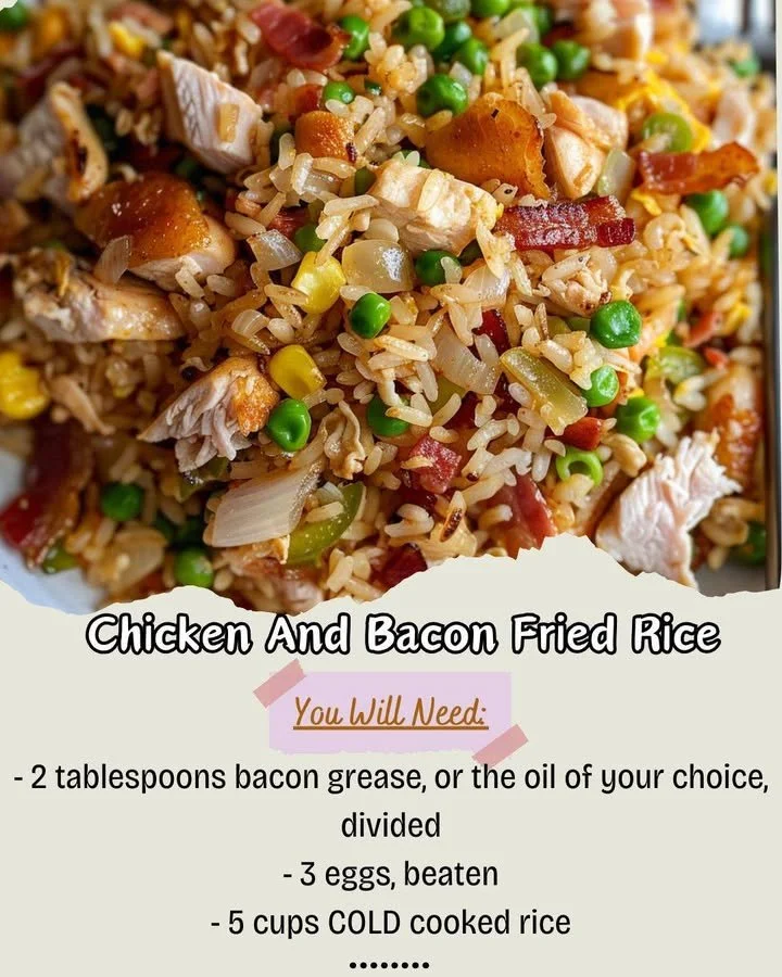 Delicious chicken fried rice with bacon and vegetables served in a bowl