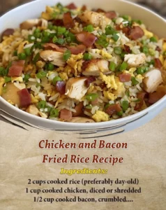 Plate of Chicken and Bacon Fried Rice garnished with green onions