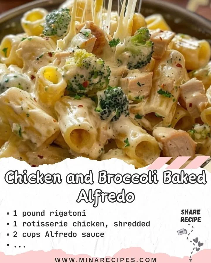 Creamy Chicken and Broccoli Baked Alfredo dish served in a bowl