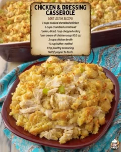 Delicious Chicken Casserole with Dressing served hot in a baking dish